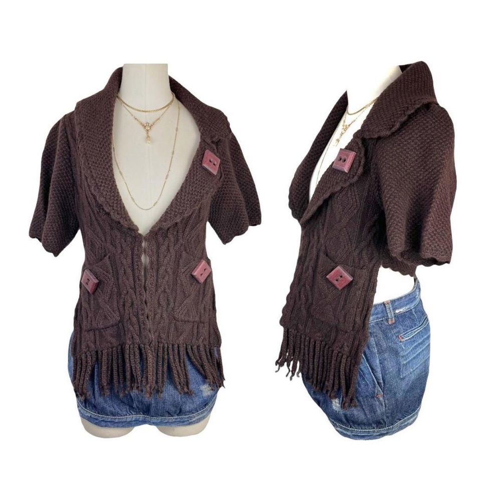 Y2K WOOL ANGORA CARDIGAN CABLE KNIT SWEATER + BUTTON DETAILS + FRINGE + POCKETS